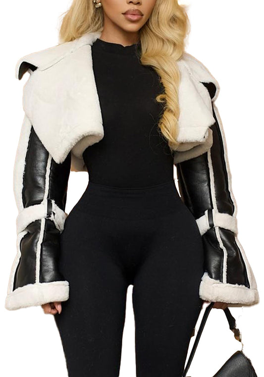 pnahip Women's Cropped Faux Leather Jacket Fall Winter Faux Fur Shearling Lined Fluffy Coat Cropped Bomber Jacket, Black, S