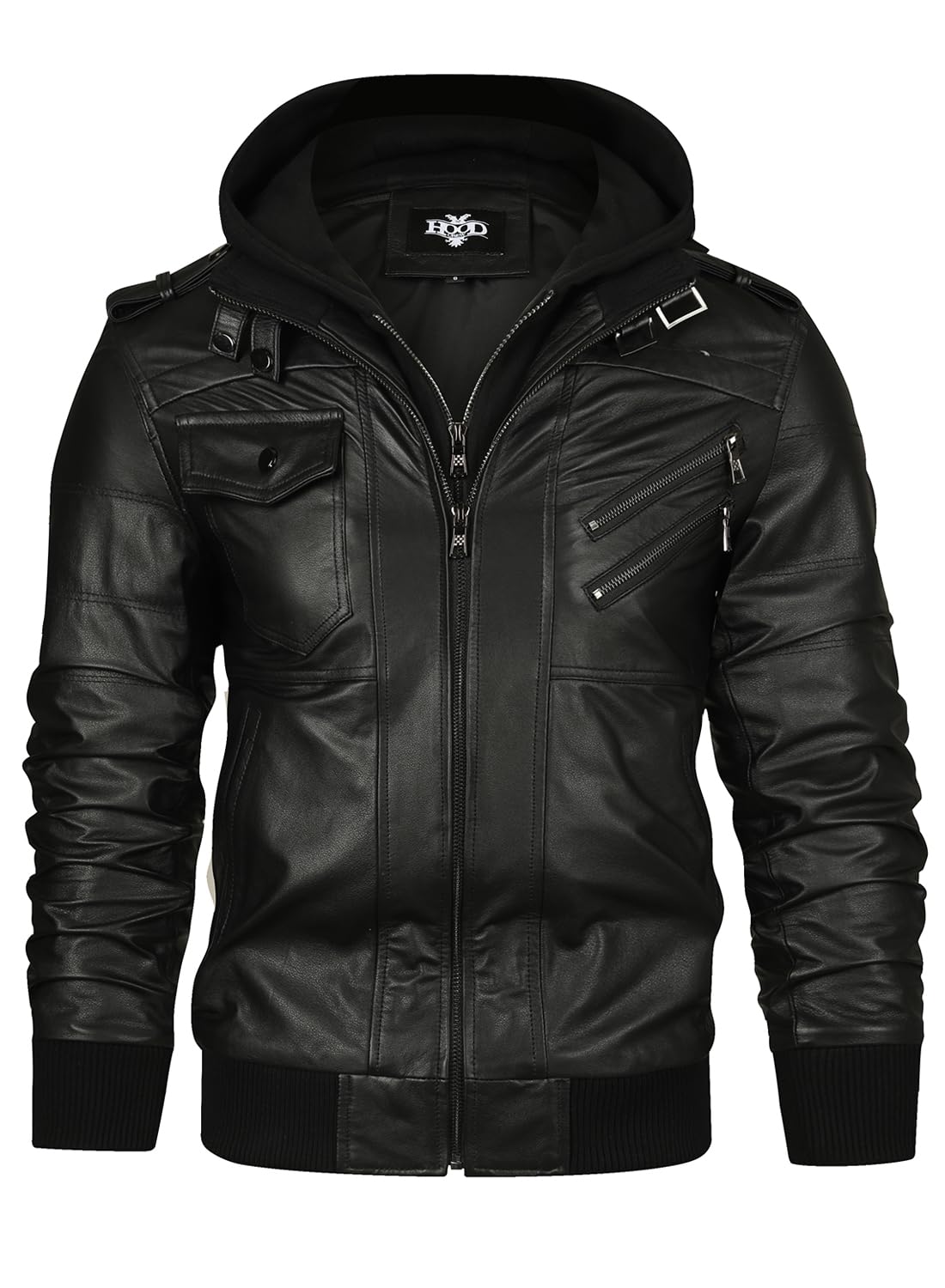 HOOD CREW Men’s Genuine Cowhide Leather Jacket Black Hooded Motorcycle Biker Jacket for Men