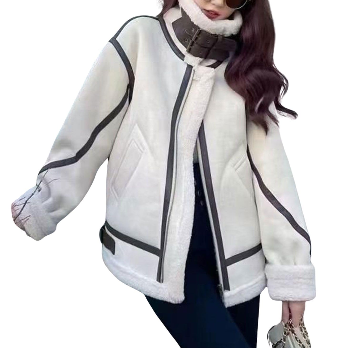 loveimgs Women Oversized Faux Suede Moto Jacket Sherpa Fleece Lined Leather Jacket Aviator Shearling Fur Coat Overcoat (Large, Off white)