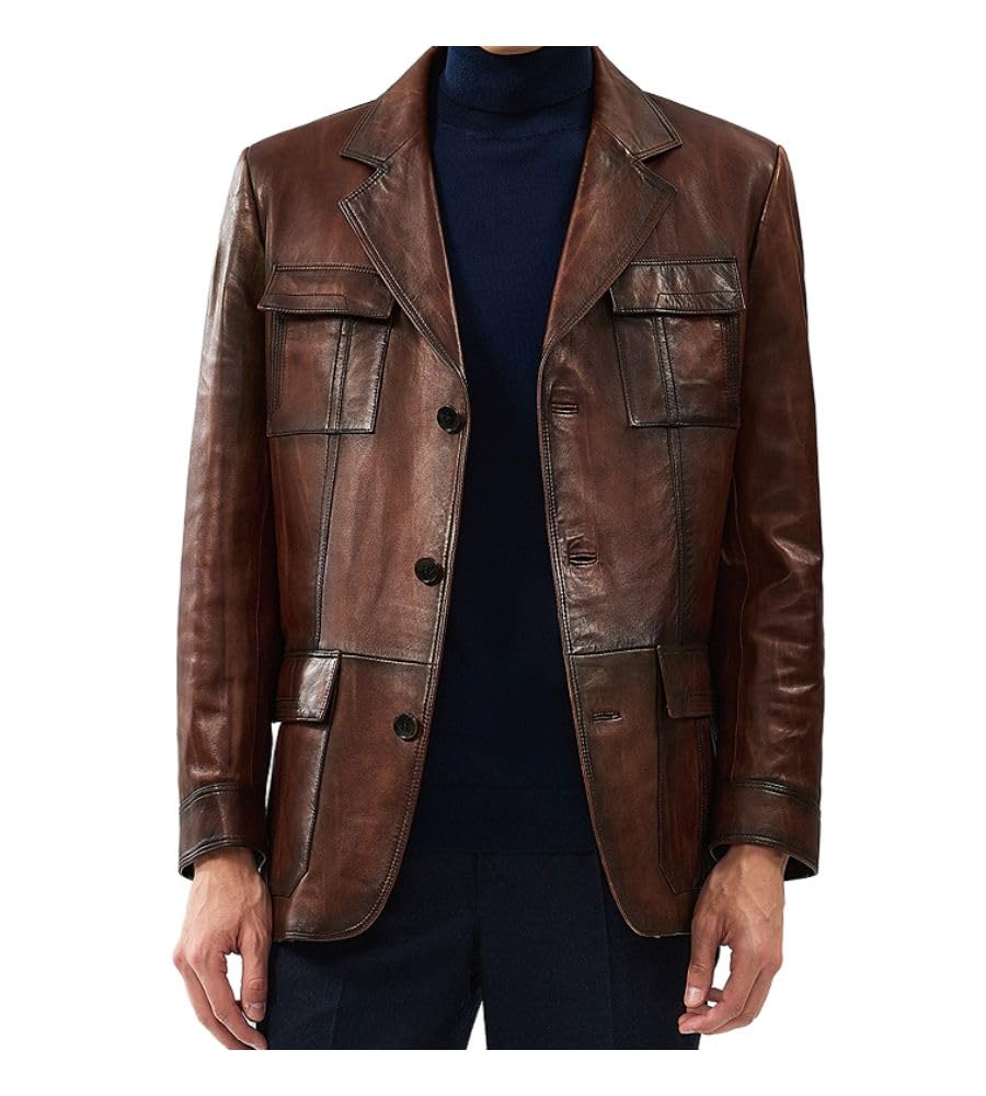 Brown Leather Blazer Men Vintage Italian Blazers Real Lambskin Leather Sports Coat Buttons Jacket X-Large