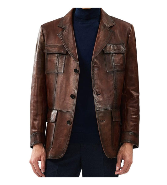 Brown Leather Blazer Men Vintage Italian Blazers Real Lambskin Leather Sports Coat Buttons Jacket X-Large