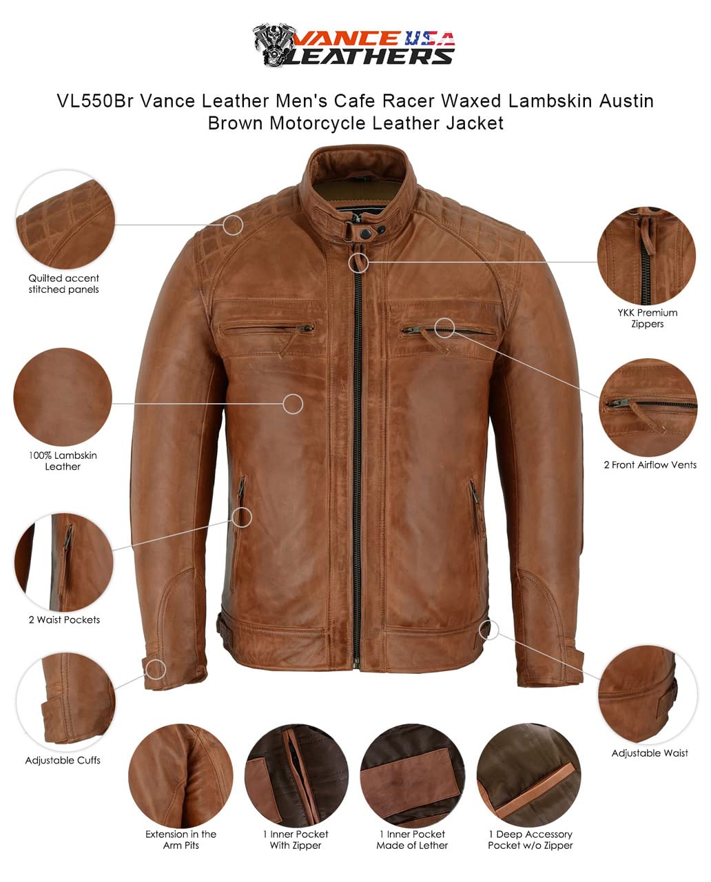 Vance Leather' Men's Cafe Racer Waxed Lambskin Chocolate Brown Motorcycle Leather Jacket (M, Chocolate Brown)