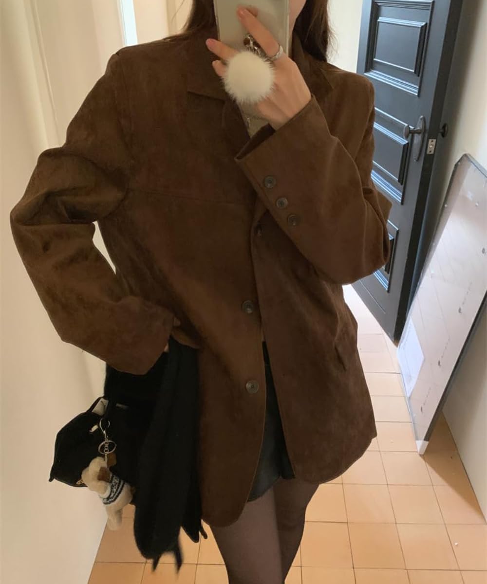 RICHTRUE Old Money Aesthetic Winter Brown Faux Leather Jacket Women Fall Fashion 2025 Trendy Suede Jacket Y2k Outerwear