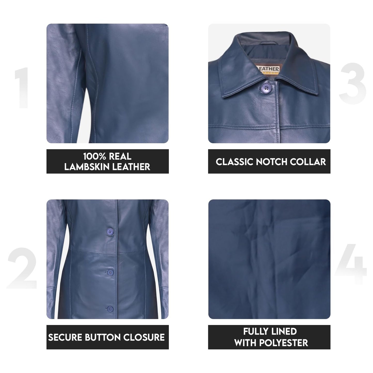 Leather Artist Women’s Lambskin Leather Car Coat – Classic 3/4 Length Style Overcoat (LA-Car.C.Wo.-Blue-XL)