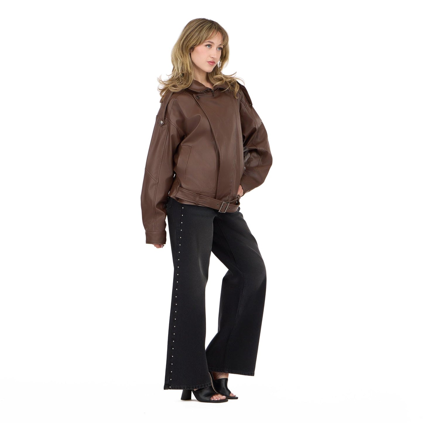 Forever 21 Women’s Oversized PU Jacket with Belted Waist, Faux Leather Outerwear, Relaxed Fit Coat for Casual Street Style and Everyday Wear, Brown, Medium