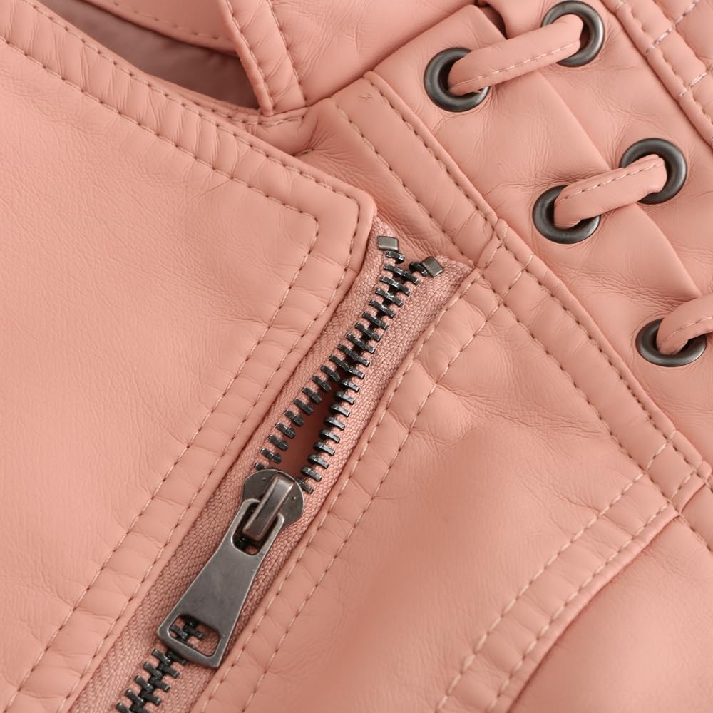 DEAR MODEL Womens Leather Jacket Long Sleeve Fitted Faux Leather Coats,Classic Locomotive Style Leather Jacket,Pink,M