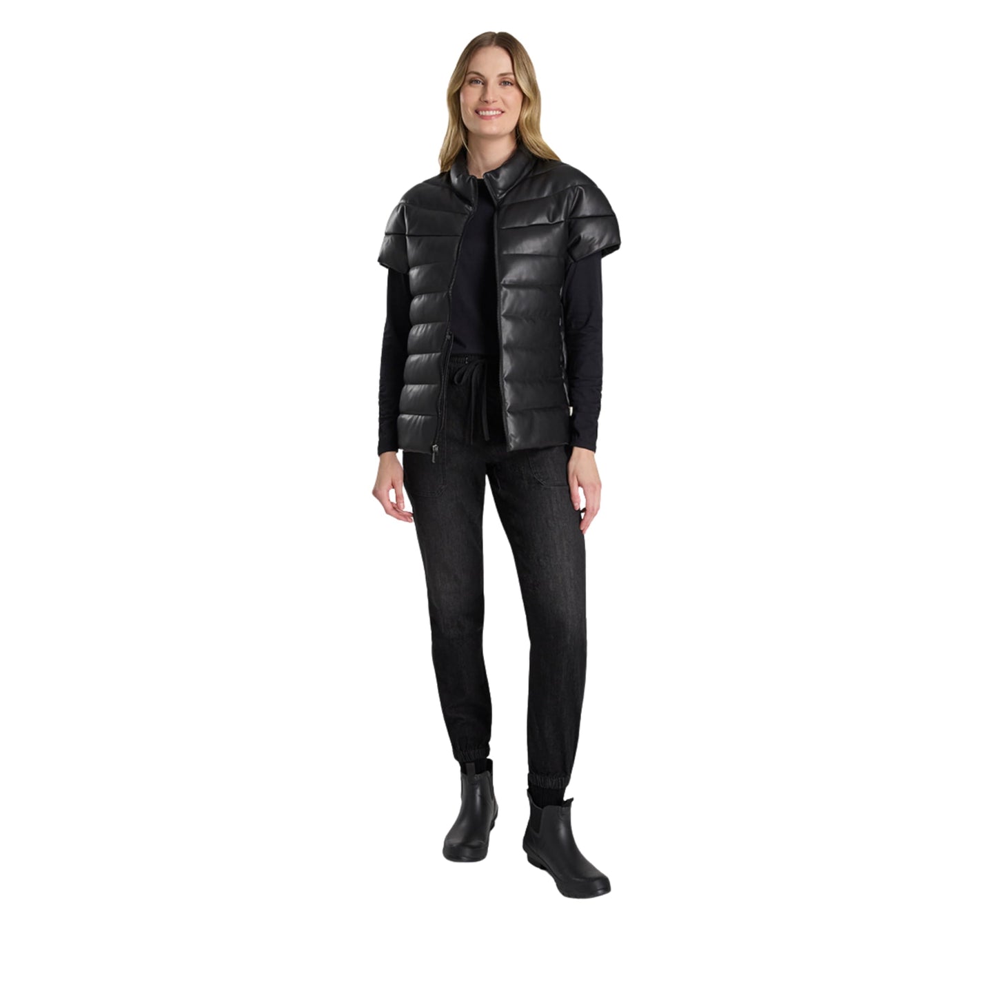 Martha Stewart Women's PU Quilted Puffer Vest, Lightweight Down Outerwear, Sleeveless Faux Leather Zip Up, Black, L