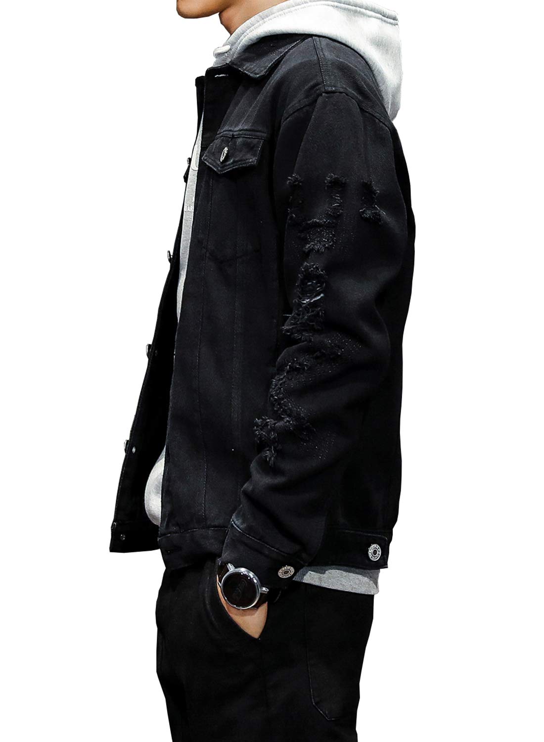 DAVID.ANN Men's Distressed Jean Coat Ripped Holes Button Down Denim Casual Trucker Jacket Outerwear,Black,Medium
