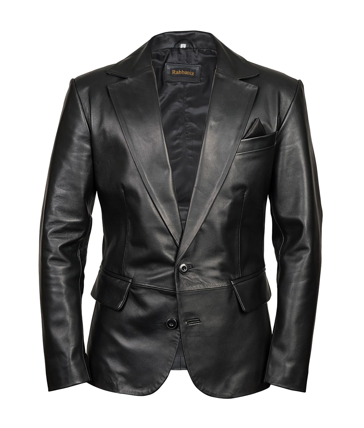 Men’s Classic Two Button Leather Blazer – Classic Notch Lapel Slim Fit Formal Jacket with Button Closure (US, Alpha, X-Large, Regular, Regular, Black)