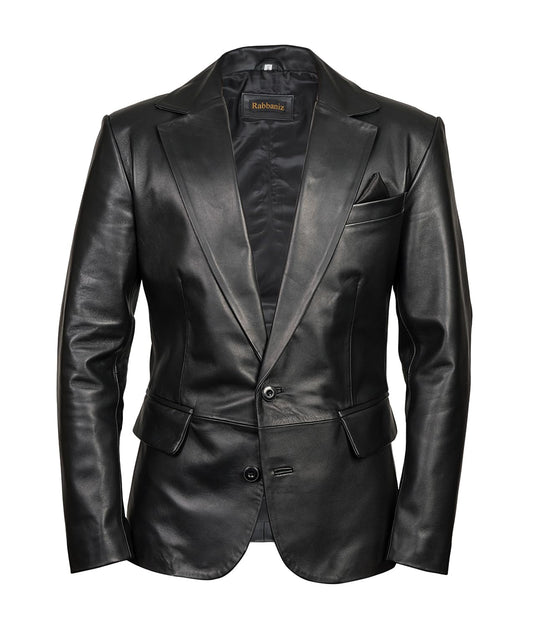 Men’s Classic Two Button Leather Blazer – Classic Notch Lapel Slim Fit Formal Jacket with Button Closure (US, Alpha, X-Large, Regular, Regular, Black)