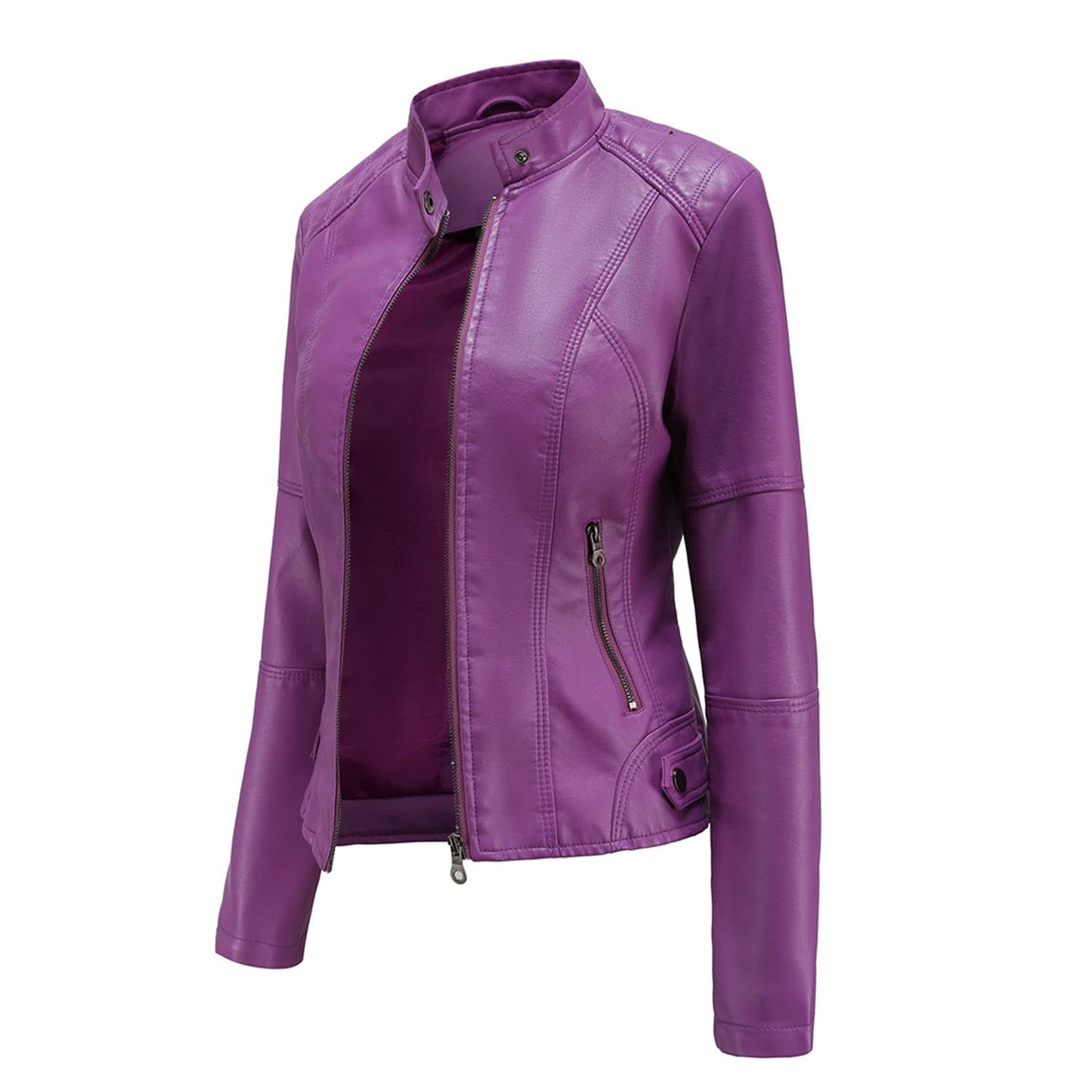 DEAR MODEL Faux Leather Jacket Women Bomber Jacket Women's Belted Motorcycle Jacket,Purple,S