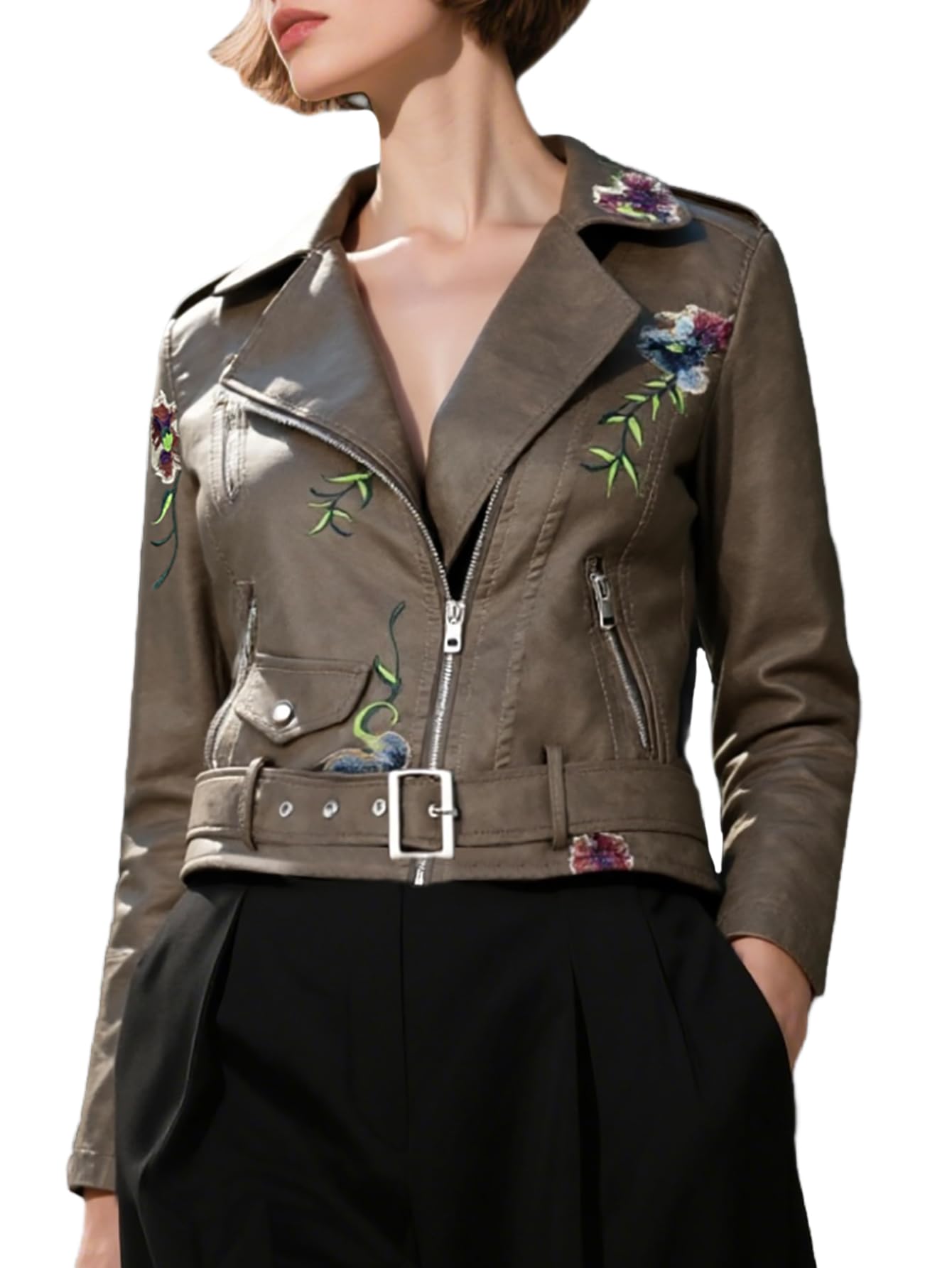 Bellivera Women's Faux Leather Jacket Floral Lightweight Moto Coat Brown XXL