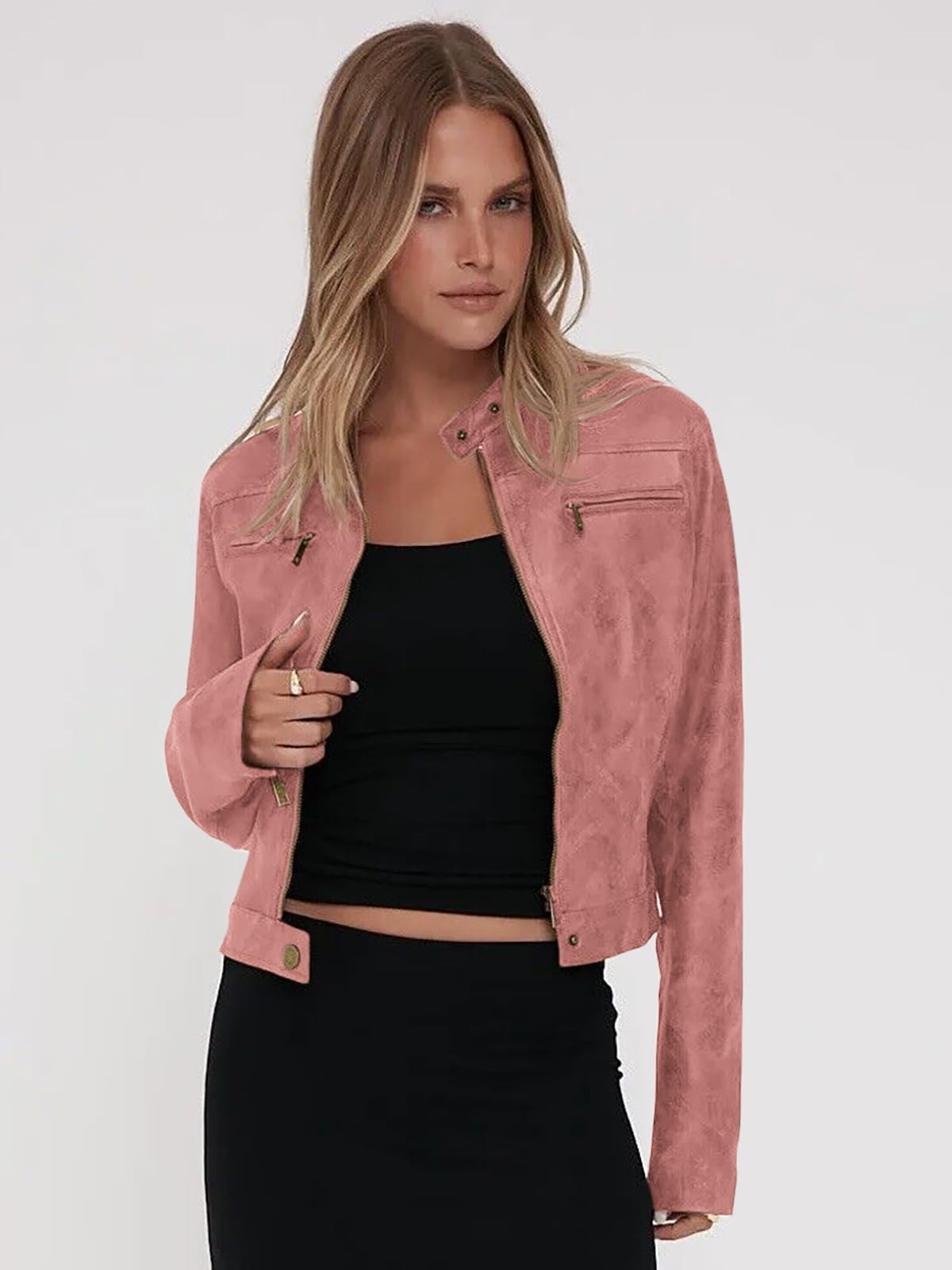 Onedreamer Women's Faux Leather Cropped jackets Casual Vintage Zip Up Stand Collar Motorcycle Short Coat Jacket