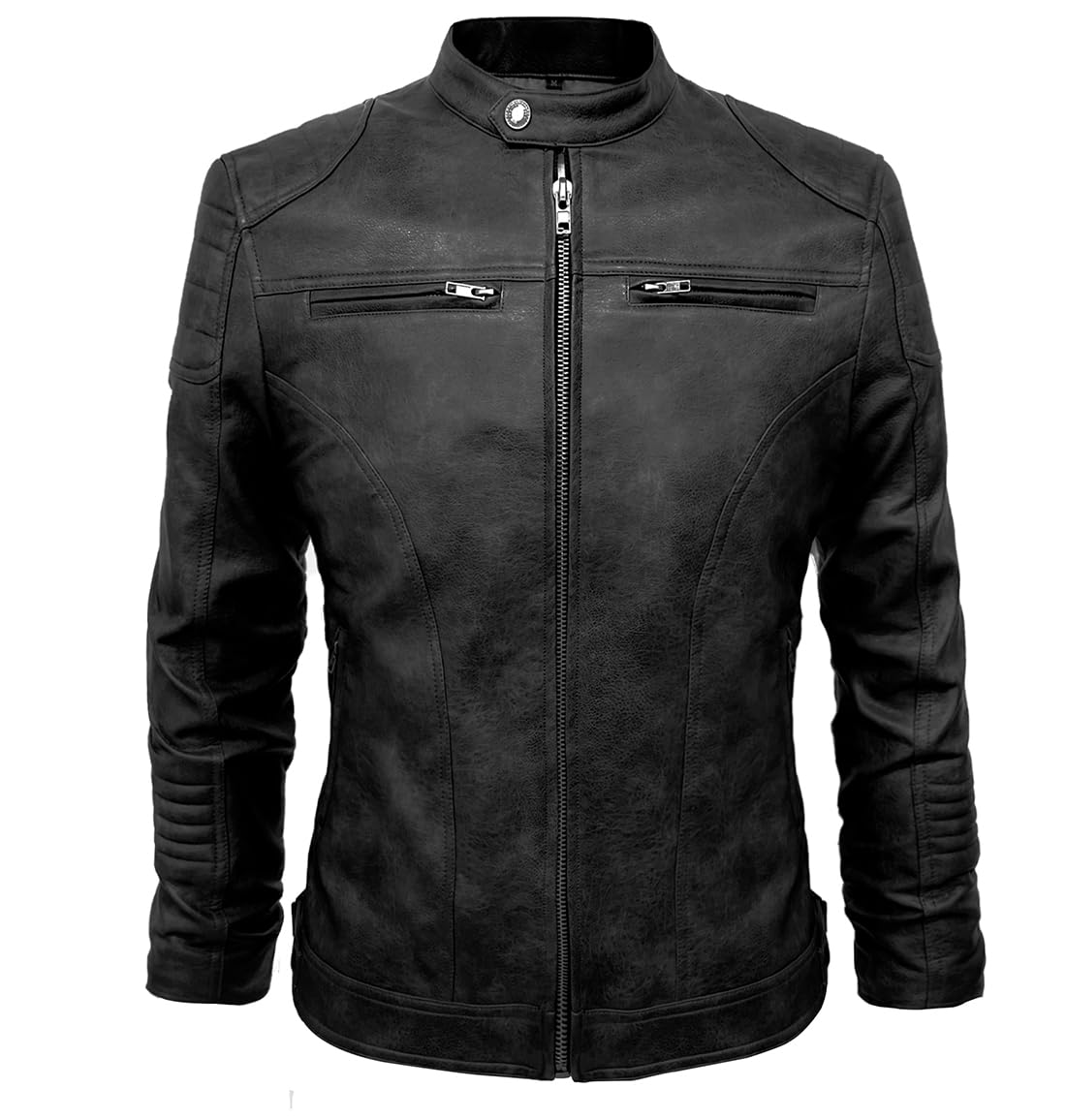 TZMAPU men's motorcycle PU leather jacket Punk style standing collar short jacket (Large, Black)