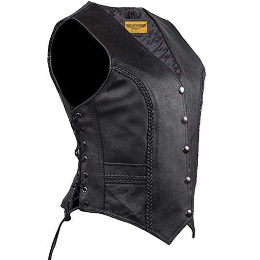 Dream Apparel Womens Black Leather Motorcycle Vest for Riding W/Concealed Carry Pockets, Biker Vest Club Vest W/Side Laces