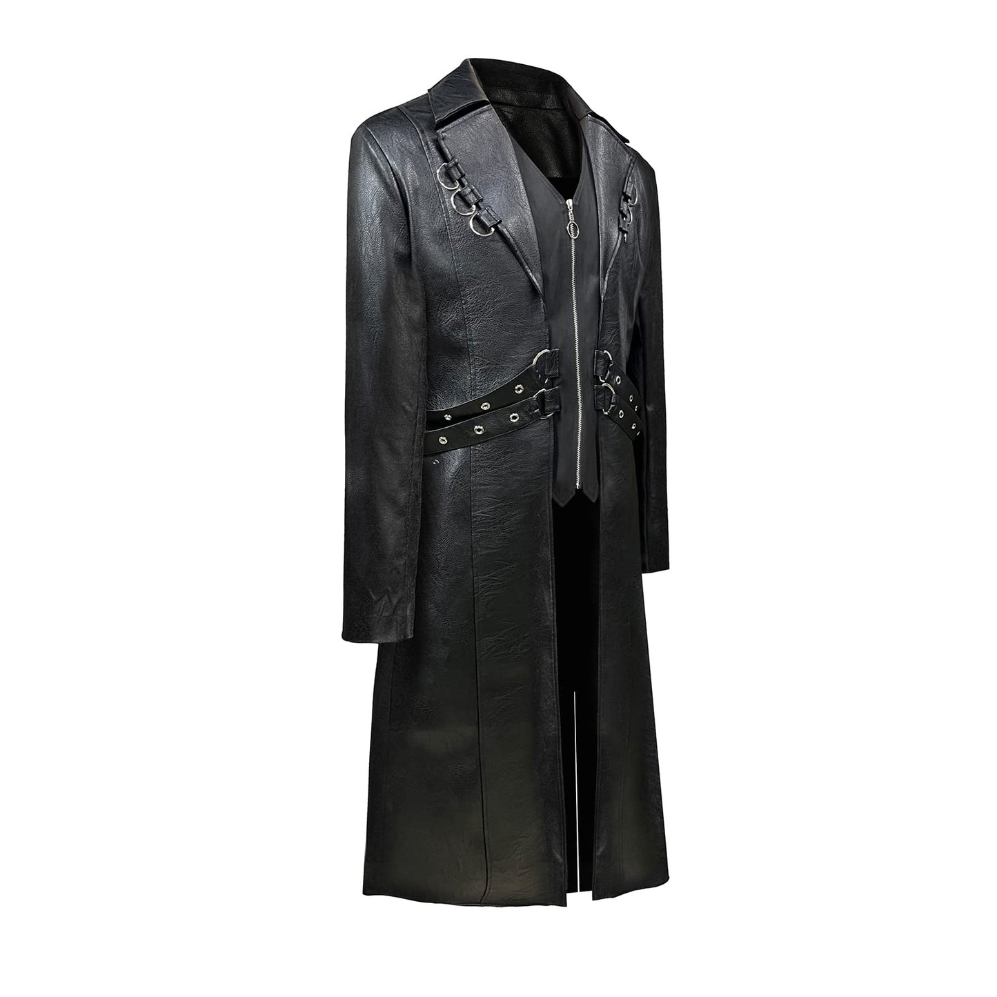 TZMAPU Men's Faux Leather Motorcycle Trench Coat Black Long Punk Jacket (Black，Medium)
