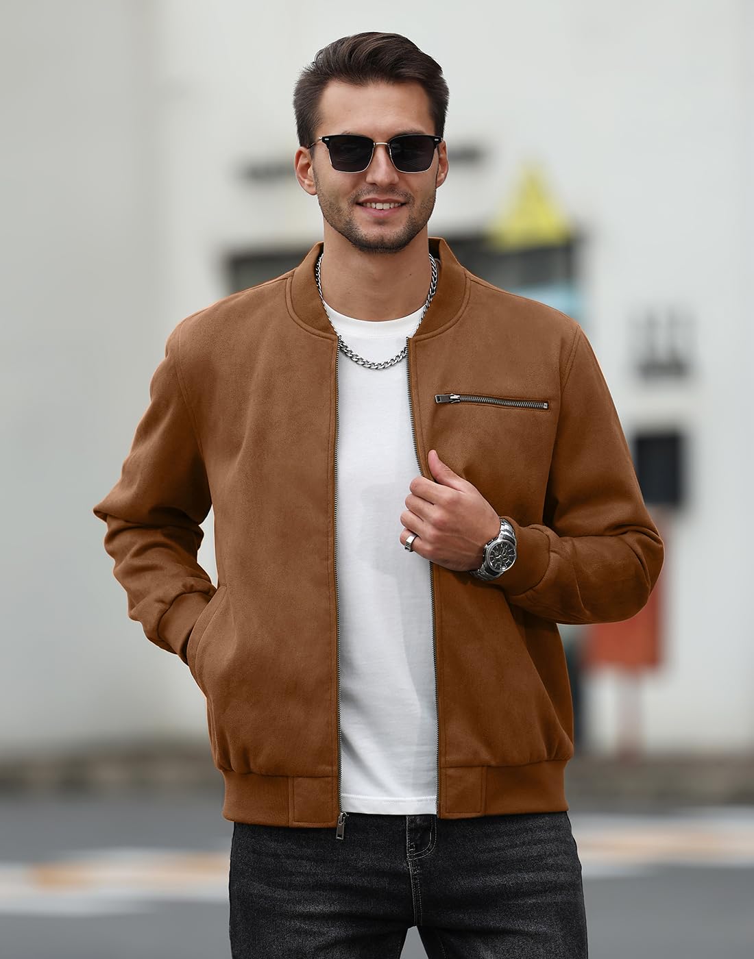 Wizoat Men's Suede Bomber Jacket Casual Lightweight Vintage Jacket Varsity Coat