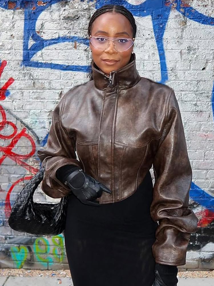YOUFE Women Faux Leather Jacket Retro Zip Up Motorcycle Long Sleeve Crop Bomber Jacket Y2K Irregular Leather Coat Streetwear