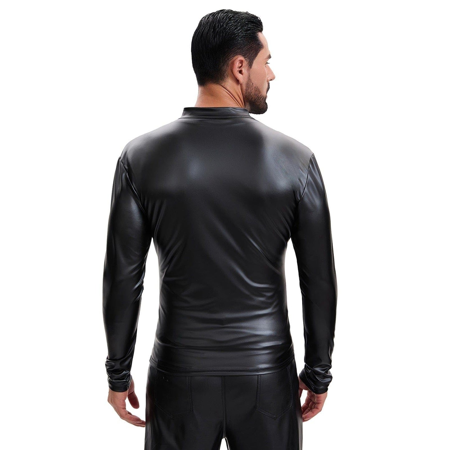 Mens Shiny Soft Leather Stand Collar Jacket Sexy Full Zipper Long Sleeve Shirts Solid Slim Fitted Stretch Tops Black