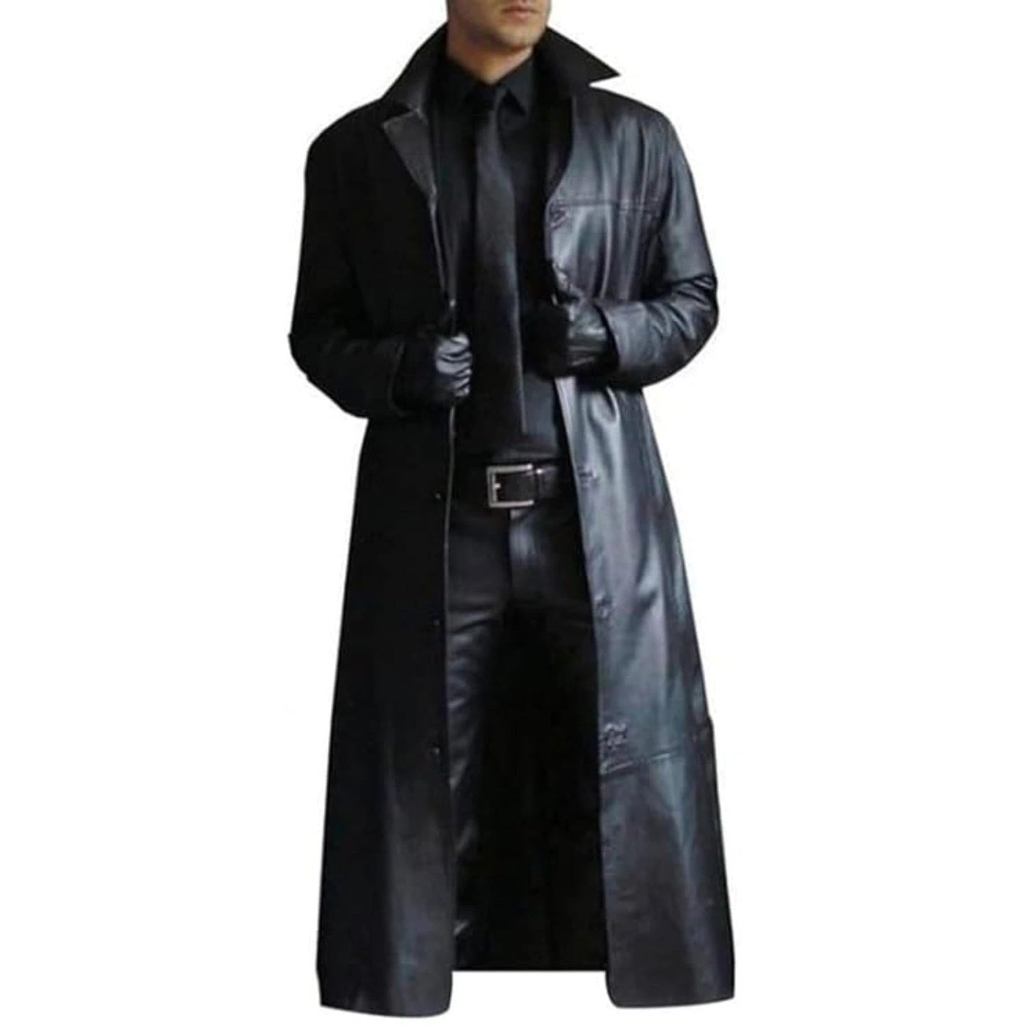 Maiyifu-GJ Mens Retro Faux Leather Trench Coat Full Length Steampunk Long Overcoat Vintage Open Front Cardigan Jacket (Black,Large)