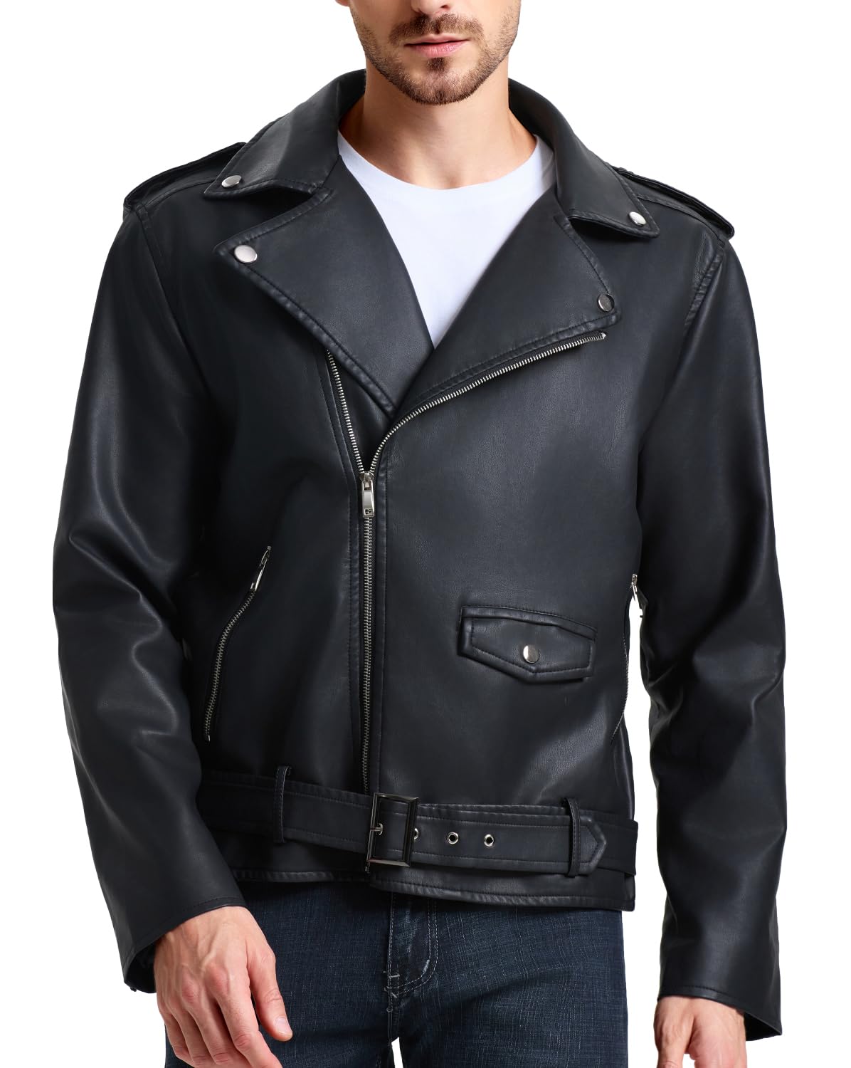 WULFUL Men's Leather Jackets, Faux Bomber Jacket for Men Motorcycle Lapel Asymmetric Zip-Up Slim Fit Biker Coat