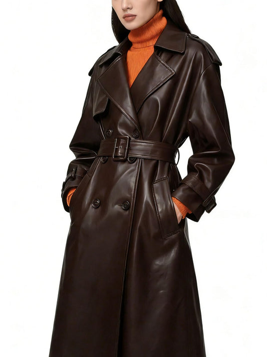 utcoco Women's Faux Leather Trench Coat Double Breasted Belted High Waist Long PU Leather Jacket Fall Winter Outerwear (Medium, Brown)