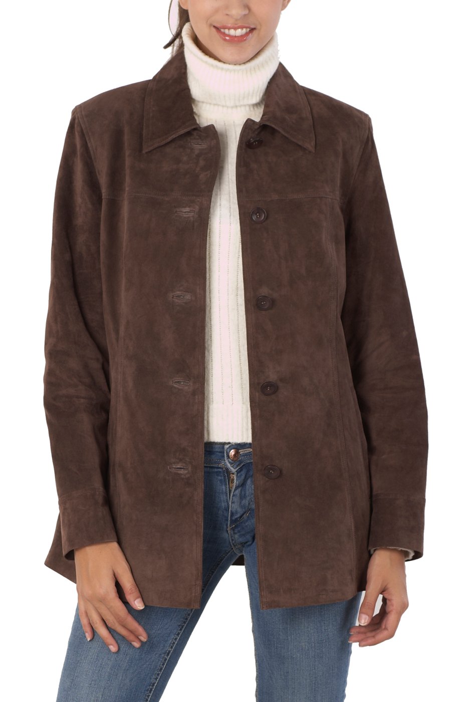 BGSD Women Anna Suede Leather Car Coat (Also available in Plus Size & Petite), Brown, X-Large