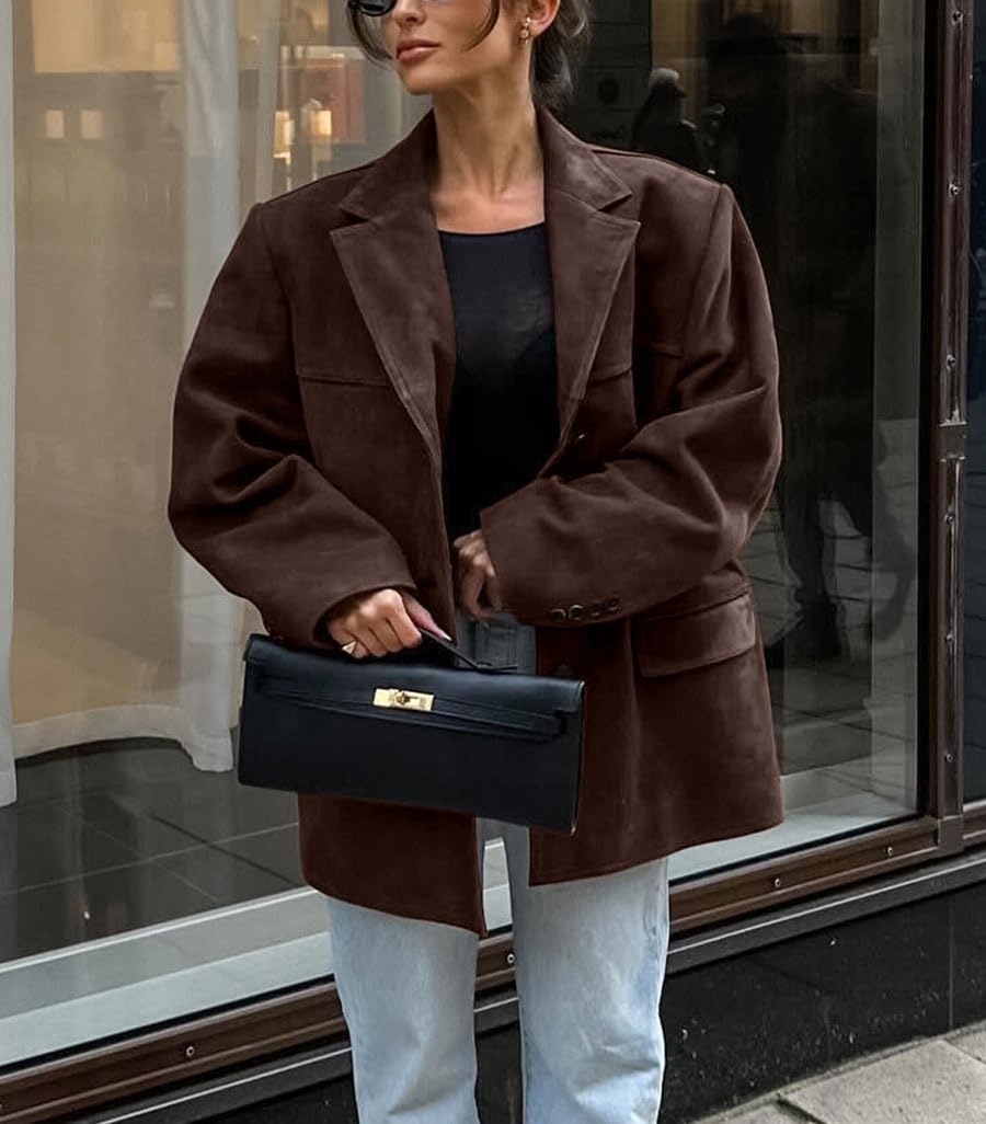 chouyatou Women's Faux Suede Blazer Jacket Notched Lapel Single Breasted Faux Suede Leather Suit Jacket (Small, Coffee Brown)