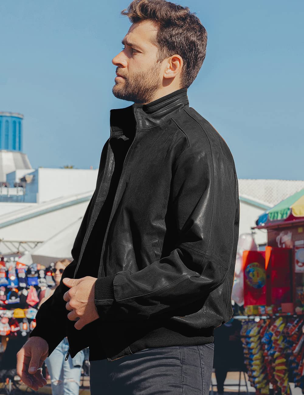 FLAVOR Men's Real Leather Bomber Casual Jacket (Large, Black)