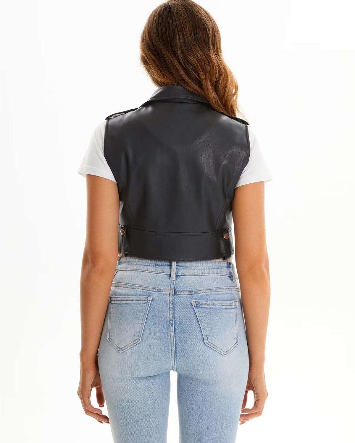 WYOYW Faux Leather Vest For Women Zipper Cropped Short Sleeveless Biker Moto Slim PU Motorcycle Waistcoat 068 Black M