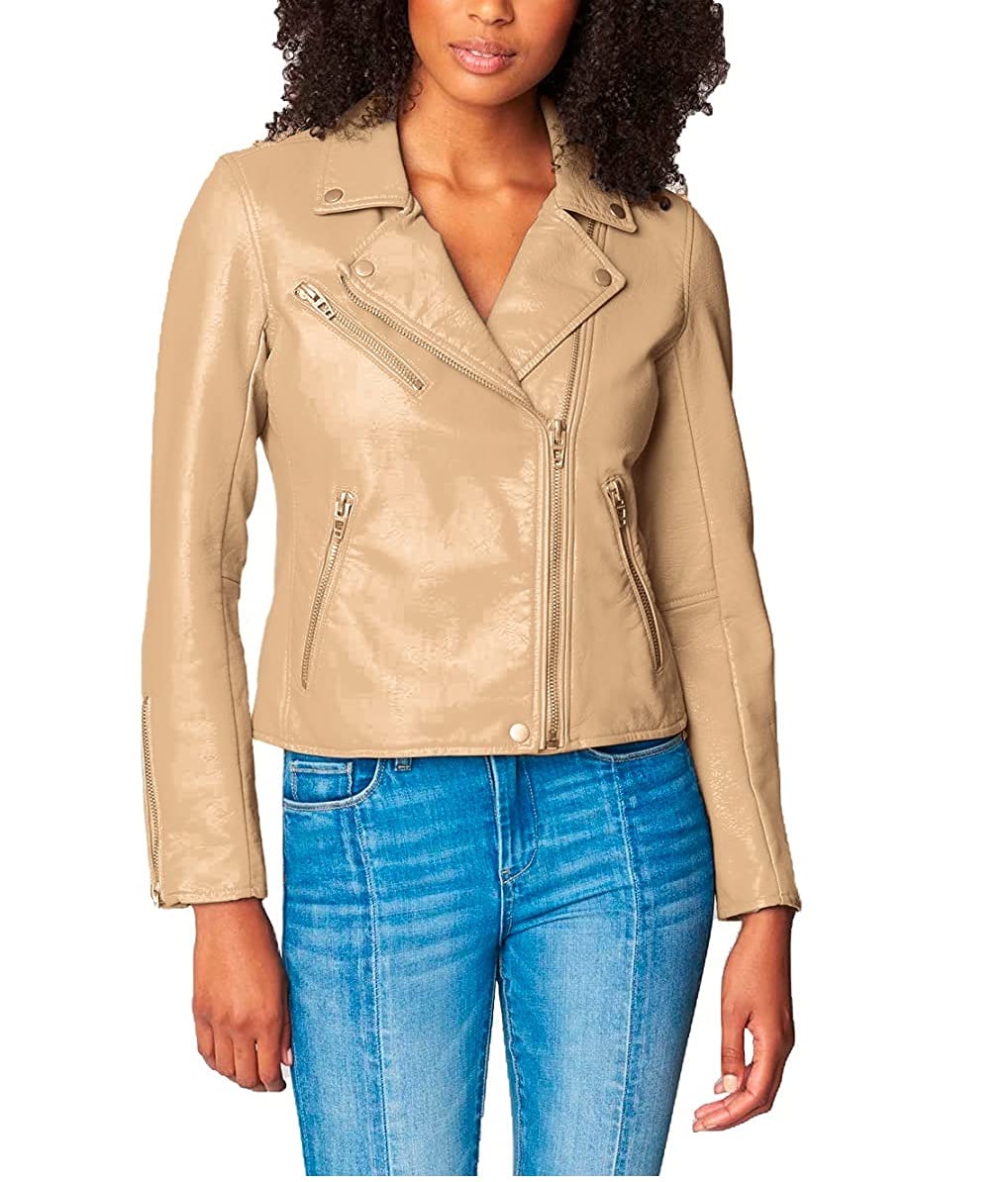 [BLANKNYC] womens Vegan Leather Moto Jacket, Natural Light, Small US