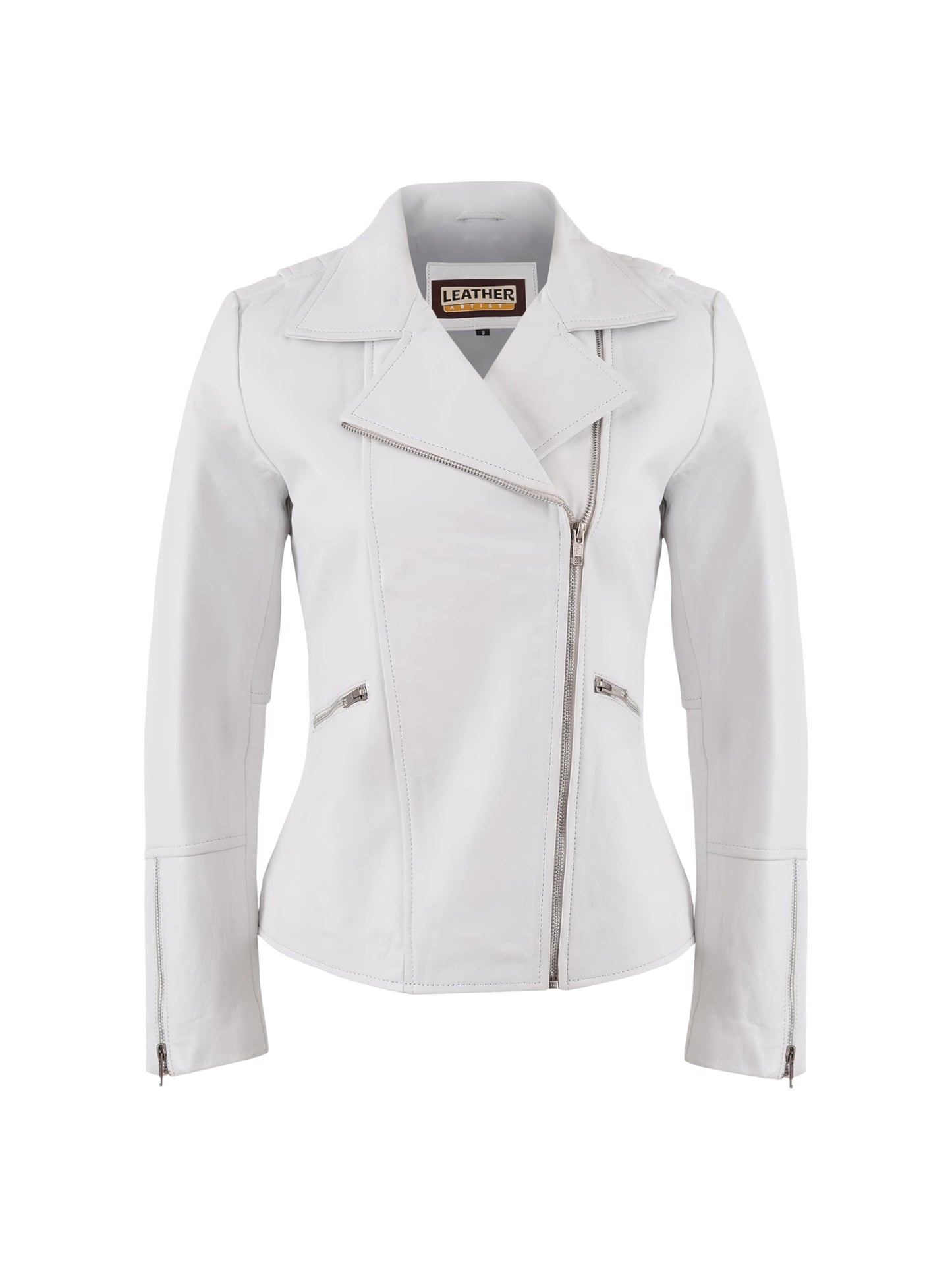 Leather Artist Women’s Real Lambskin Asymmetrical Motorcycle Jacket-Biker Style Genuine Womens Leather Jacket (LA-Biker.Wo-White-L)