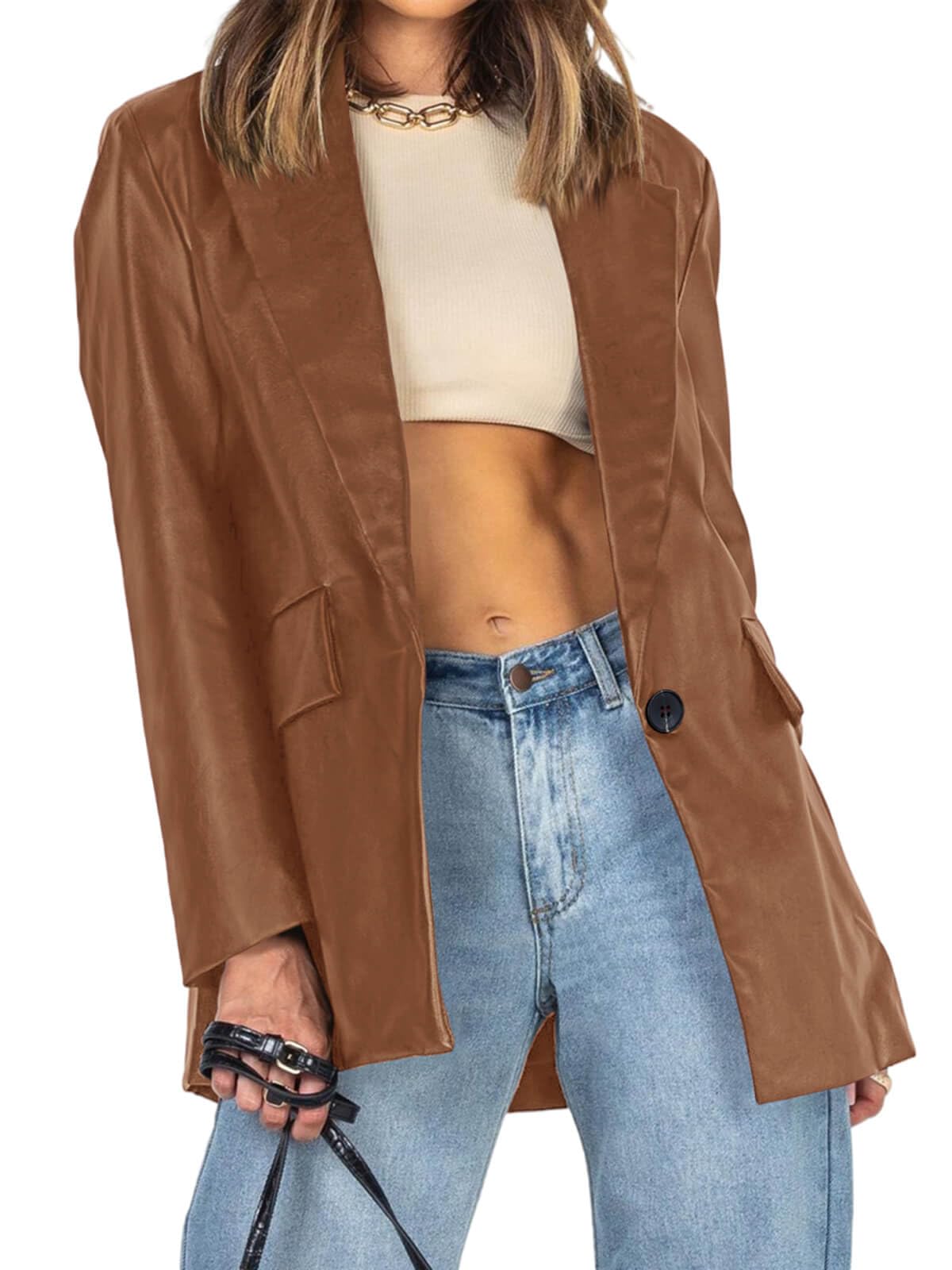 Pepochic Womens Oversized Leather Jacket Long Sleeve Faux Leather Blazer Lapel Button Down Leather Shacket Coat with Pockets