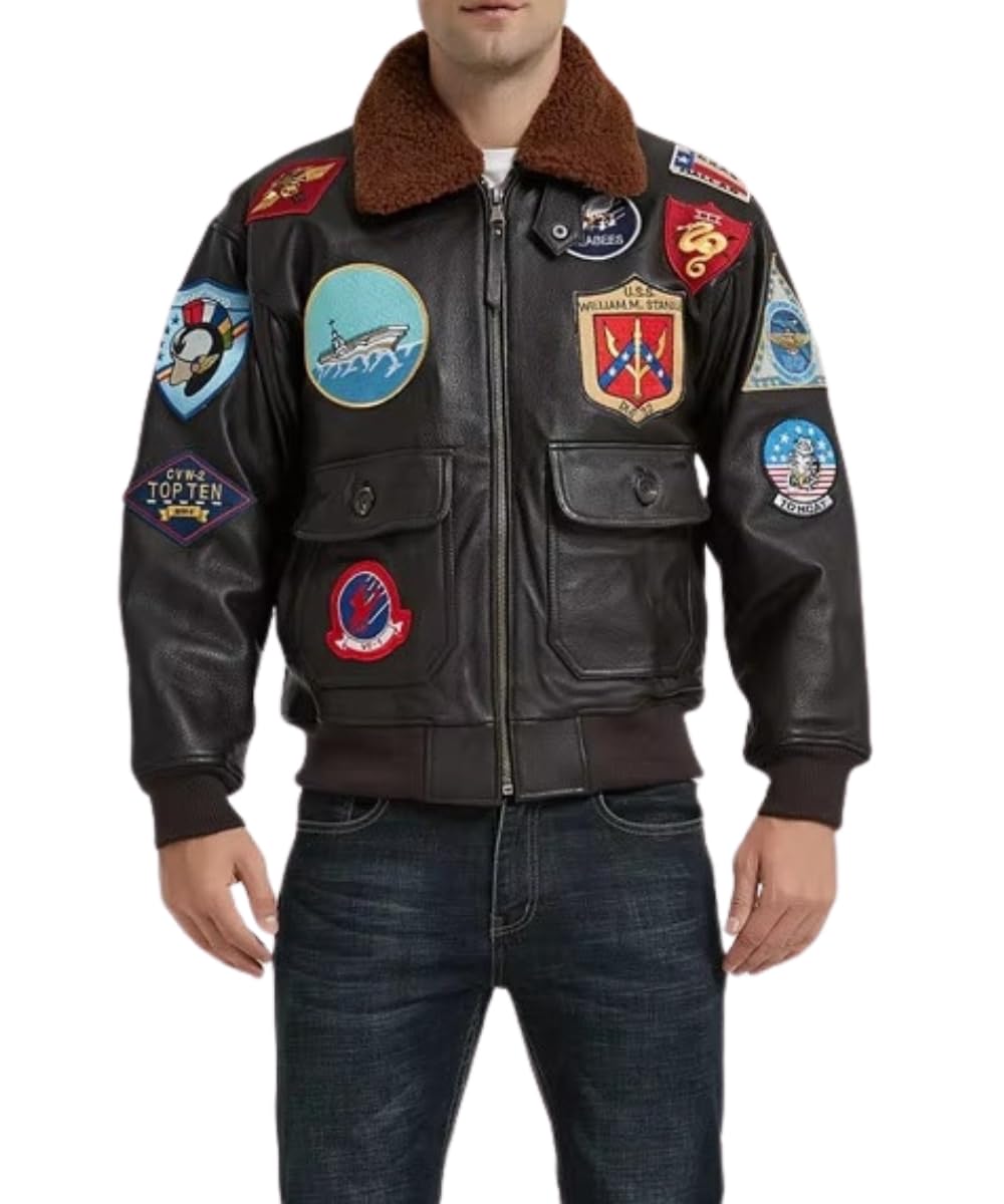 Mens Top Aviator USAAF Pilot Flying Tom Multiple Patches G1 Bomber Jacket Fur Collar Brown Bomber Leather Jacket (as1, alpha, s, regular, regular, Real Leather)