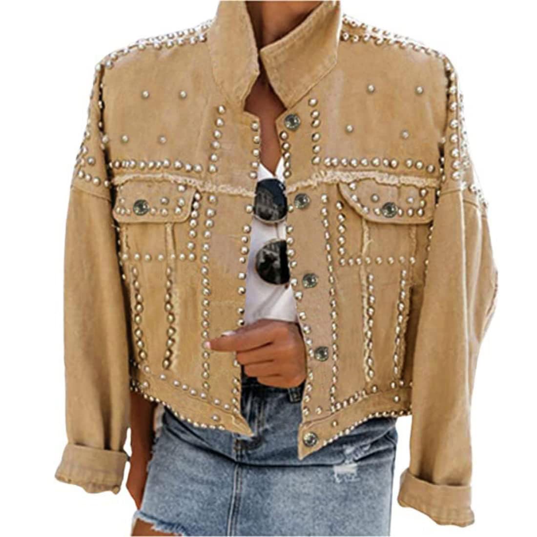 Omoone Women's Long Sleeve Rivet Studded Denim Jacket Casual Washed Short Jean Coat Western Outfits(2140-KhakiX1-M)