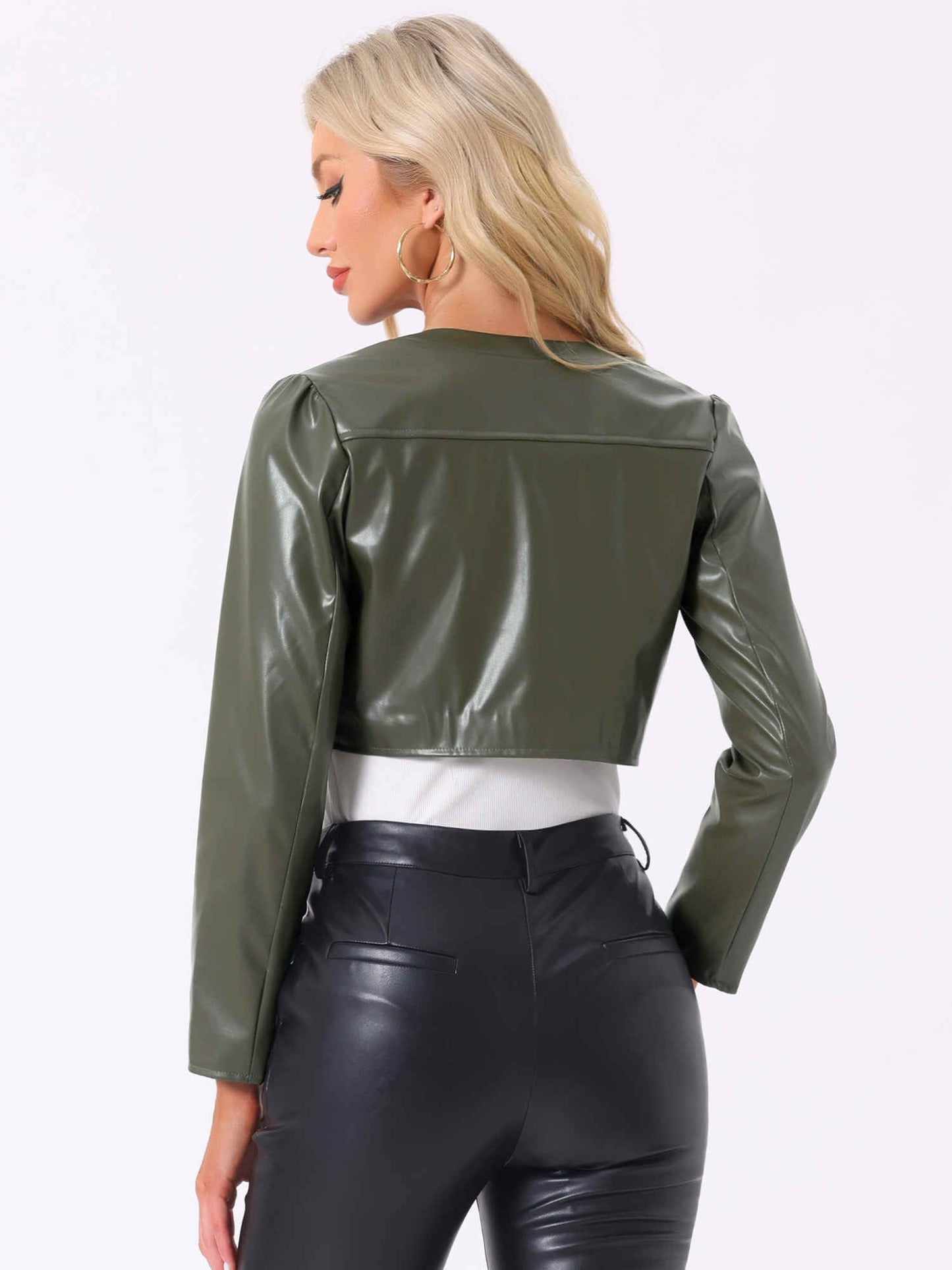 Allegra K Faux Leather Jacket for Women's Open Front Long Sleeve PU Cropped Leather Jacket Coat X-Small Army Green