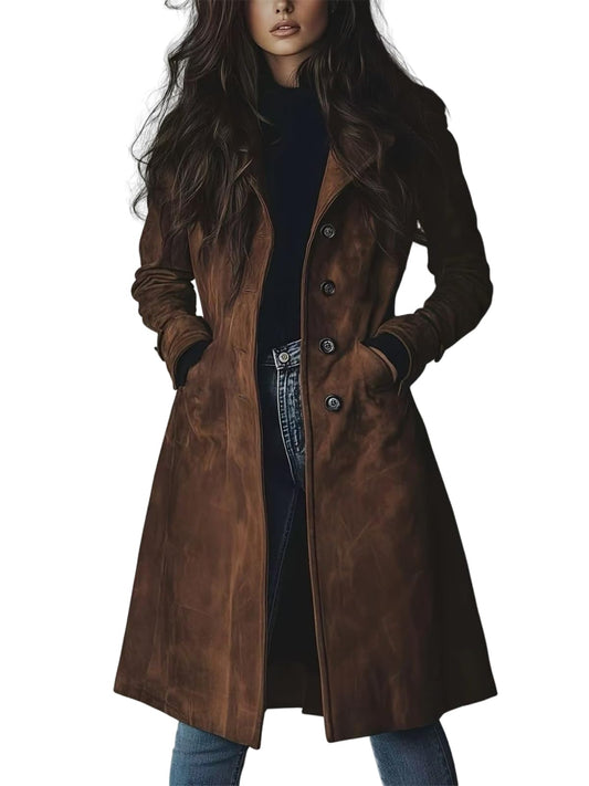 utcoco Womens Long Suede Trench Coat Single Breasted Leather Trench Overcoat with Pocket (X-Small, Dark Brown)