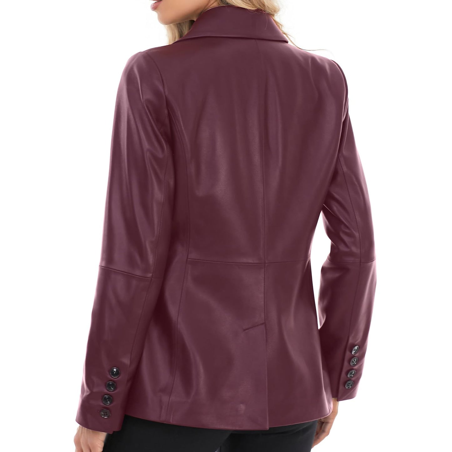 SILVER FASHIONS Lambskin Leather Jacket Women,Long Sleeve Button Front Leather Blazer,Notched Lapel Casual Style,Vent Detail (Large,Burgundy)