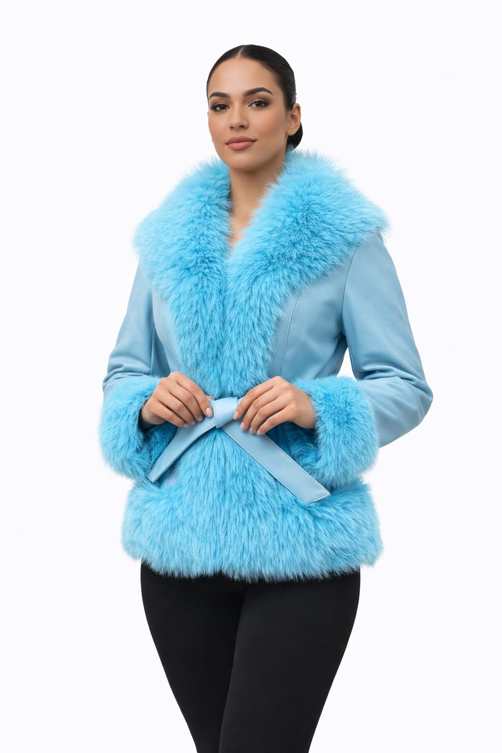 DLNYC Waist Length Warm Winter Vegan Leather Jacket with Faux Fur Trim (US, Alpha, Large, Regular, Regular, Blue)