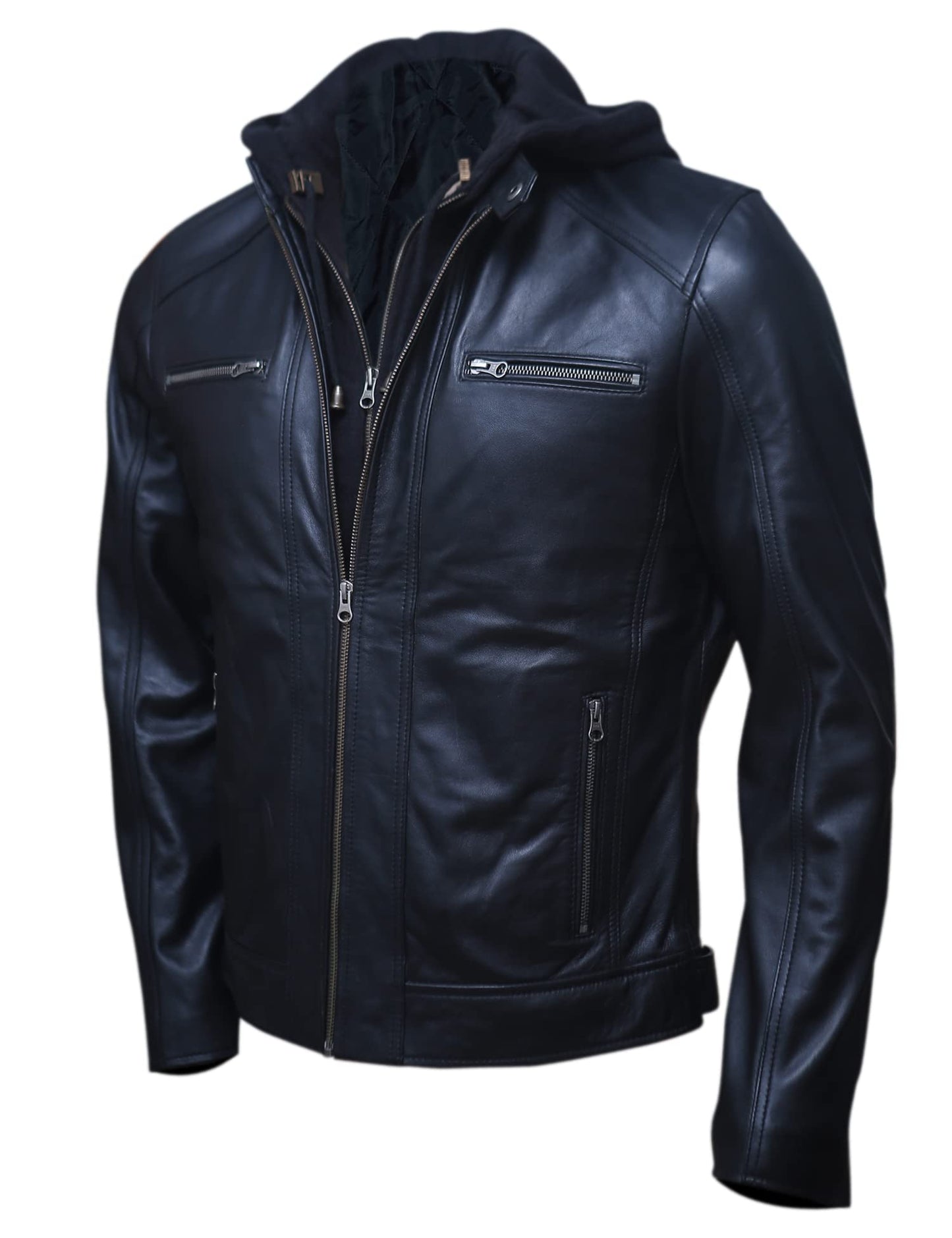 Men’s Genuine Lambskin Motorcycle Leather Jacket Black | Distressed Brown Vintage Biker Leather Jackets For Men (Large, Black)