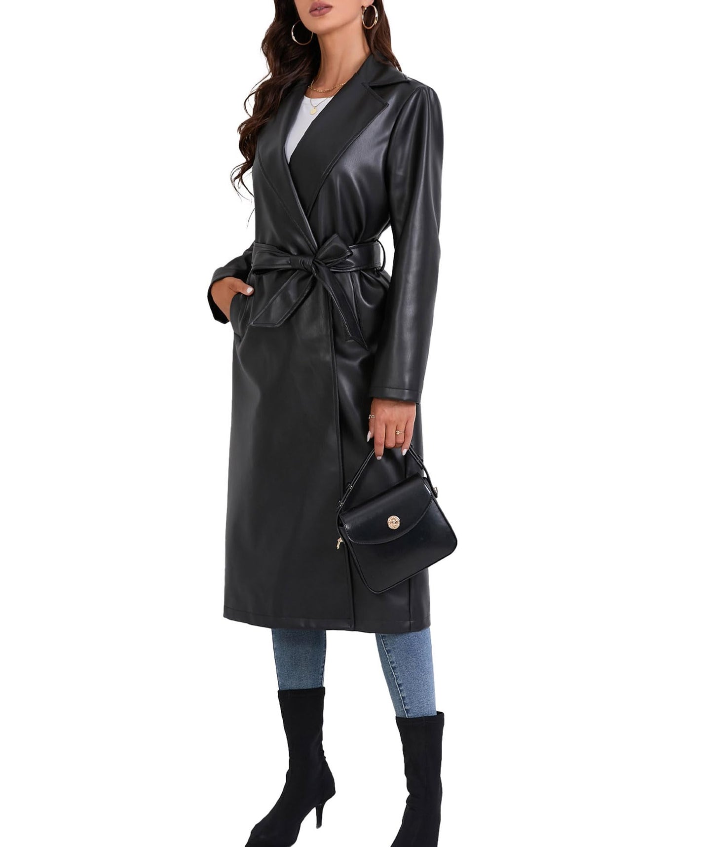 xxxiticat Women's Leather Trench Coat Long Sleeve Open Front Motorcycle Lapel Belted Tie Long Black Faux Leather Jacket(BL,S)