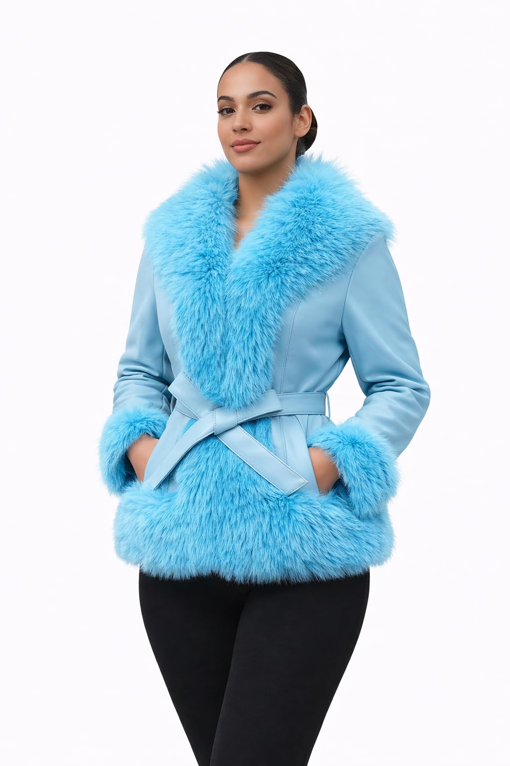 DLNYC Waist Length Warm Winter Vegan Leather Jacket with Faux Fur Trim (US, Alpha, Large, Regular, Regular, Blue)