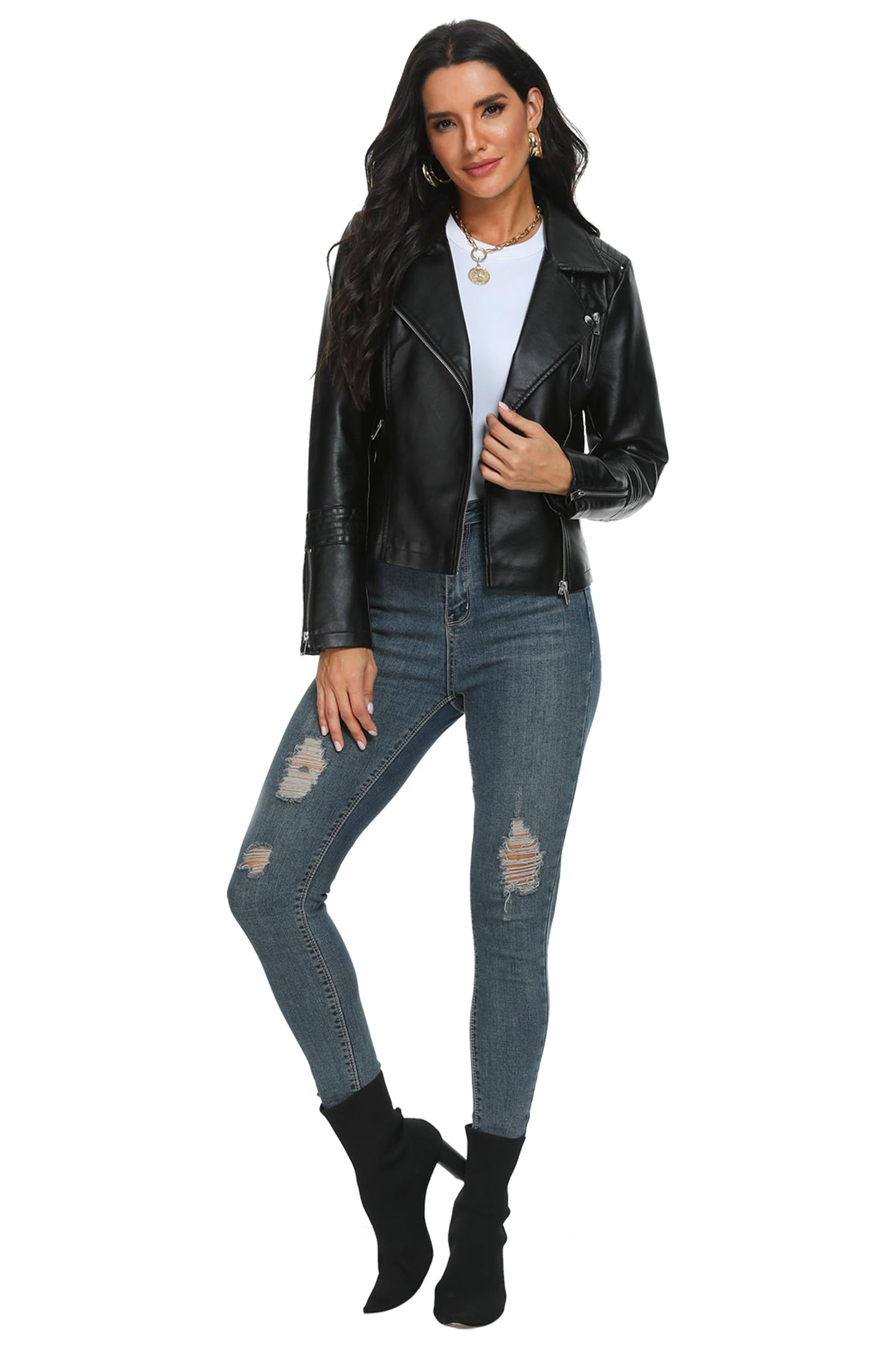 Fahsyee Women's Black Leather Jackets, Faux Motorcycle Bomber Moto Bike Plus Size Coat Short Lightweight Vegan Pleather Fashion S