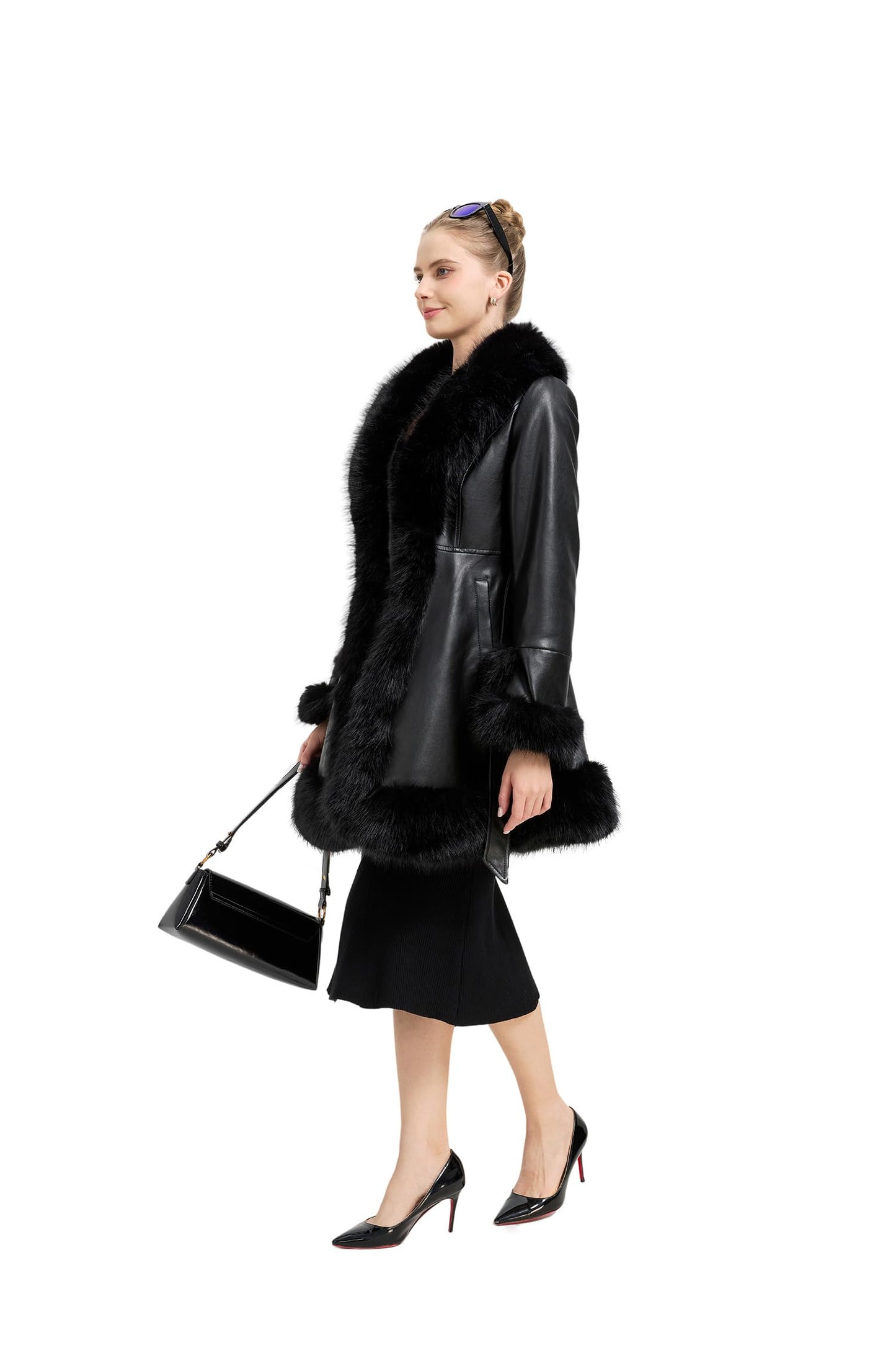 GRAN ORIENTE Women's Faux Leather Long Trench Jacket with Faux Fur Collar, Winter Warm Lined Trim Parka Coat with Belt (GK166 Black M)