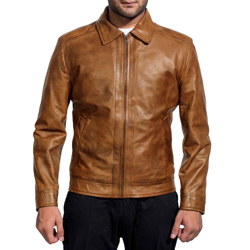 Mens Leather Jacket - Real Lambskin Classic Vintage Style Leather Jackets For Men Brown Leather Jacket for Mens (US, Alpha, 3X-Large, Regular, Regular, Camel)