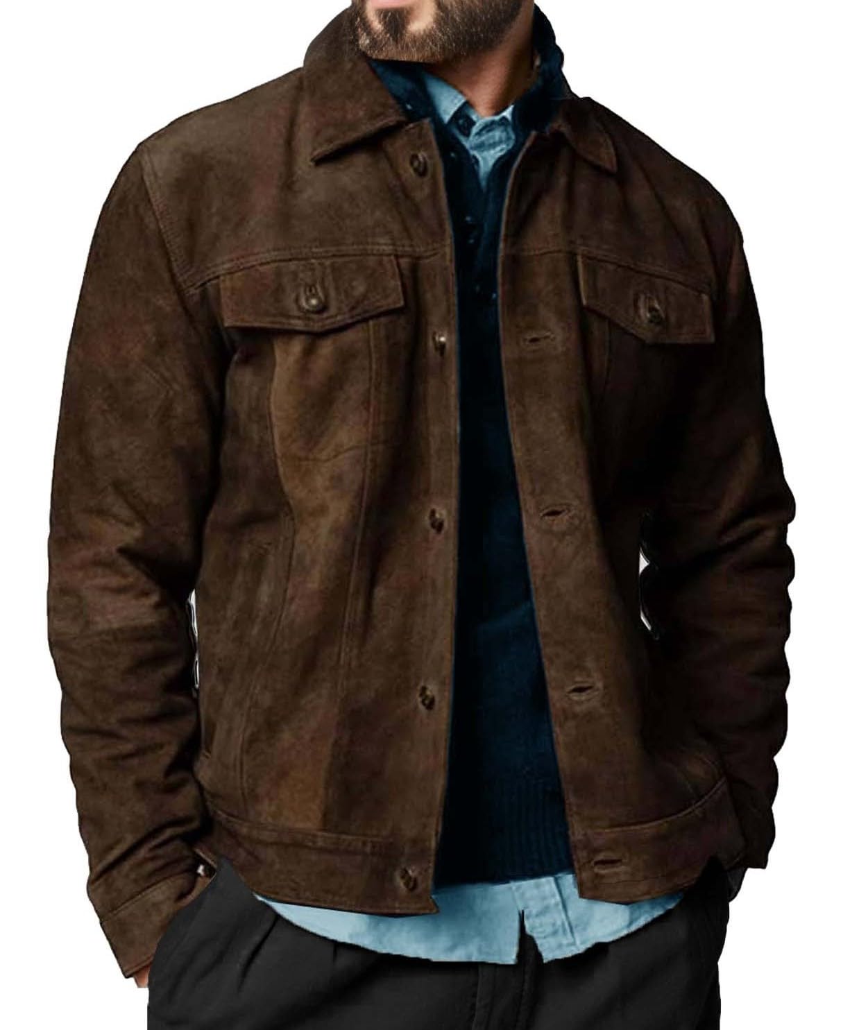 Premium Vintage Trucker Suede Leather Jacket Men Genuine Lambskin Men Leather Jackets Shirt Collar Jackets For Mens (US, Alpha, XX-Large, Regular, Regular, Dark Brown Suede Leather)