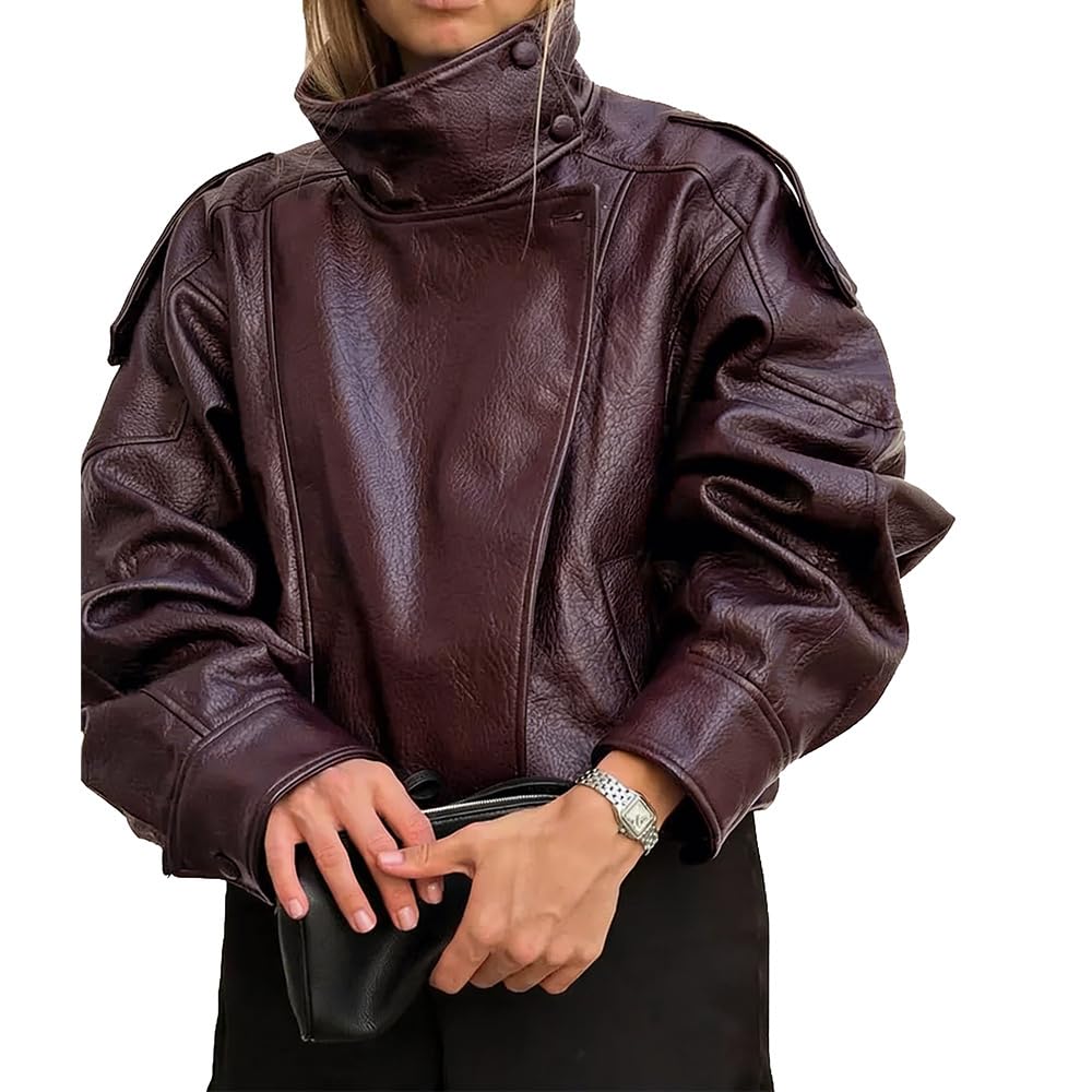 Molilove Women's Leather Jacket Casual Fall Zipper Jacket Racer Varsity Jackets Biker Moto Bomber Jacket Coat