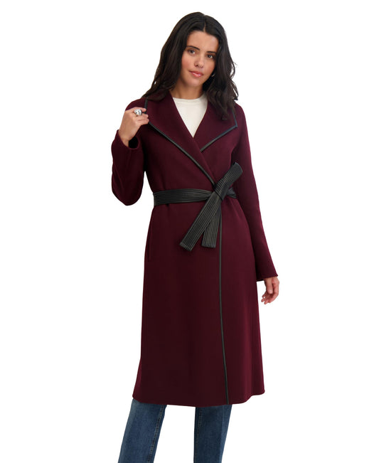 Tahari Women's Double-Faced Luxury Soft Wool Blend Longline Wrap Coat with PU Binding and Removable Belt, Cherry, X-Small