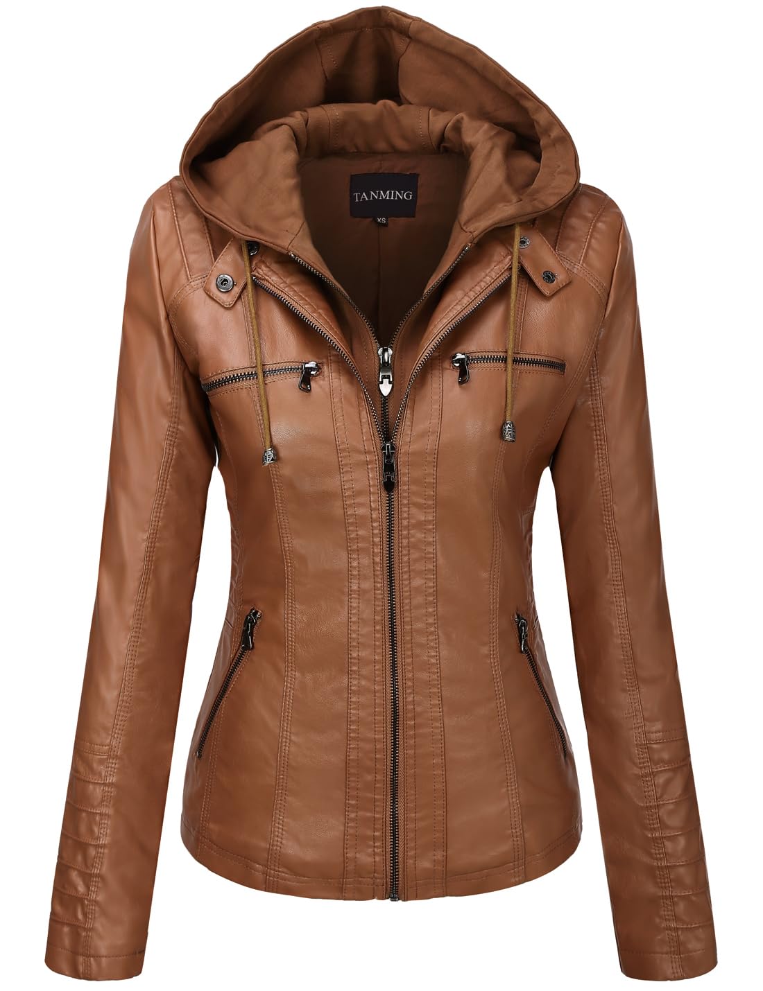Tanming Womens Faux Leather Jacket Hooded Moto Biker Coat Outerwear Fall Fashion Outfits Winter Clothes