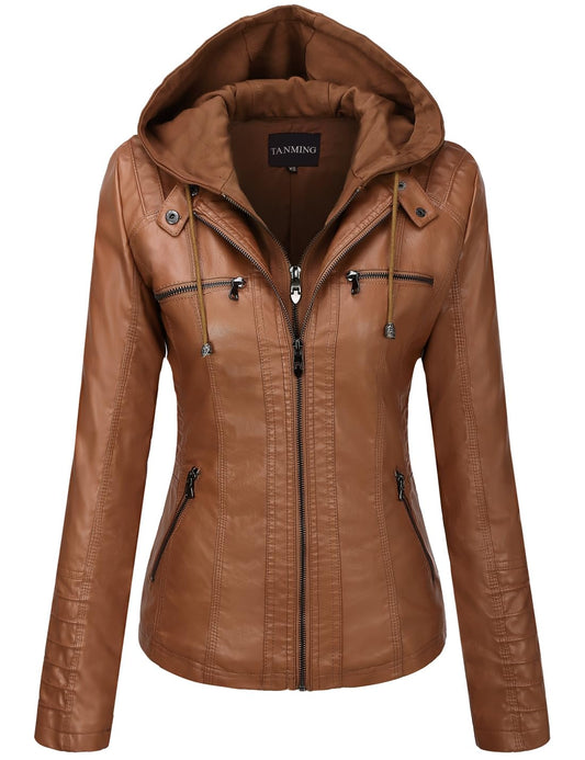 Tanming Womens Faux Leather Jacket Hooded Moto Biker Coat Outerwear Fall Fashion Outfits Winter Clothes